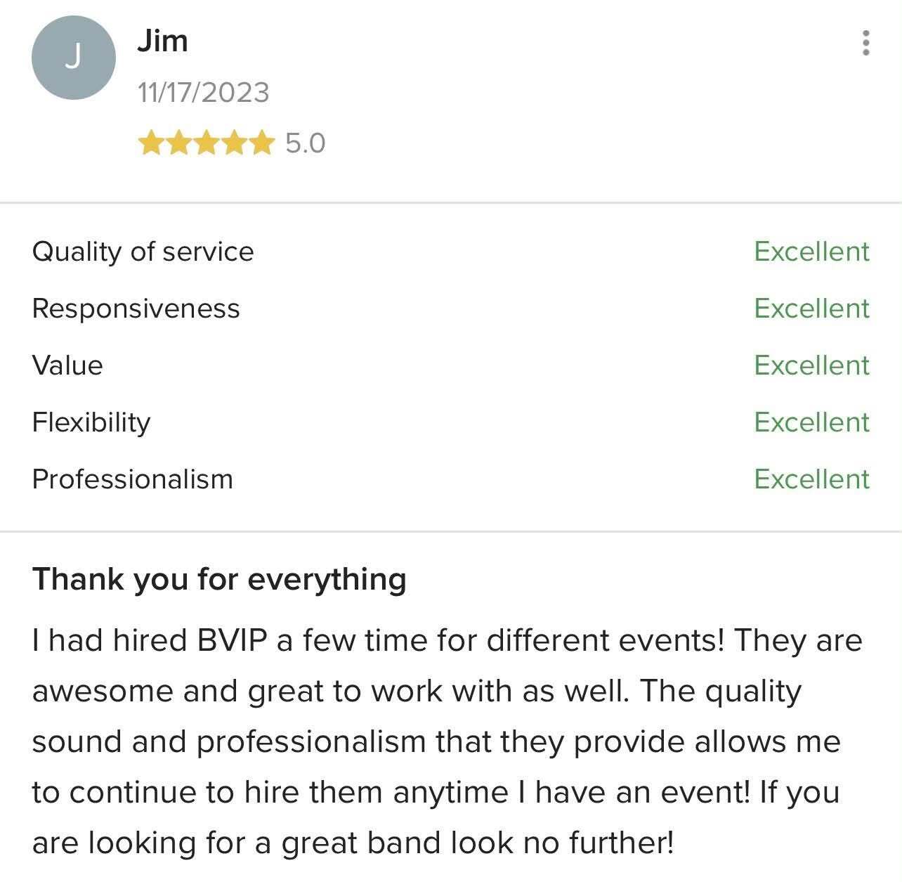 Five-star client review for BVIP Entertainment