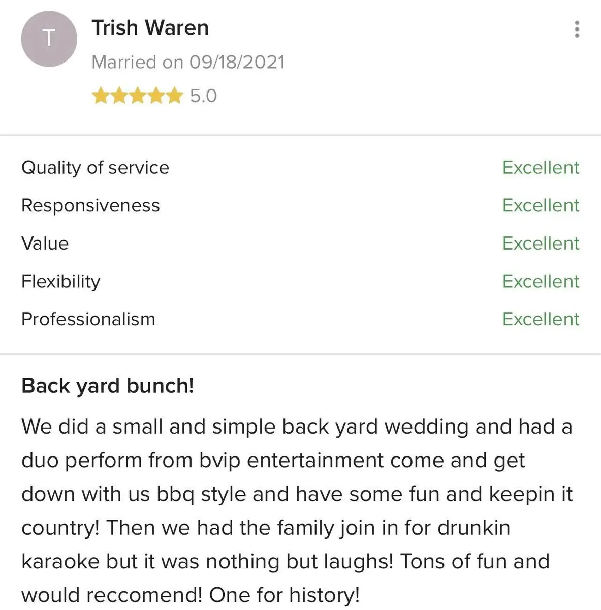 Five-star review from Trish Waren for BVIP Entertainment